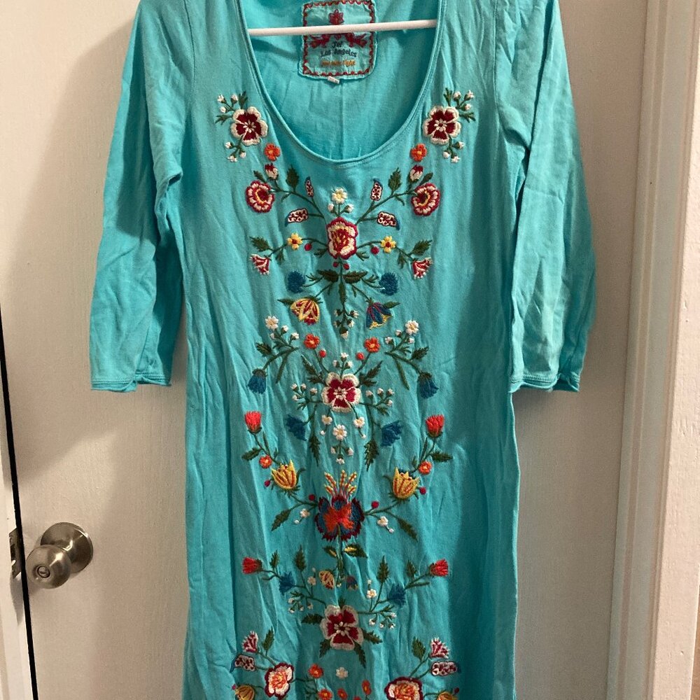Johnny Was embroidered floral turquoise dress